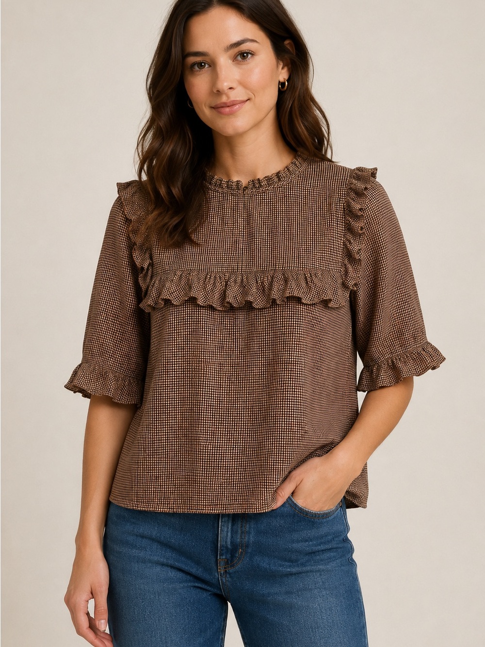 Zara Woman Houndstooth Ruffle Blouse Size L